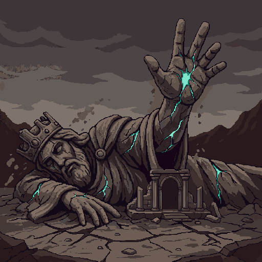 A fallen god collapsed into the earth, one hand reaching upward